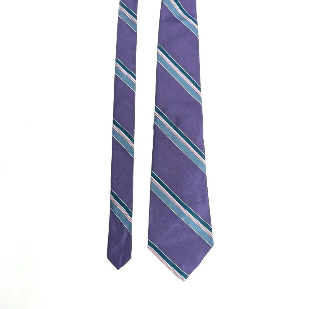 Christian Dior Silk Necktie Purple Teal‎ Pink Striped Vintage Made in USA